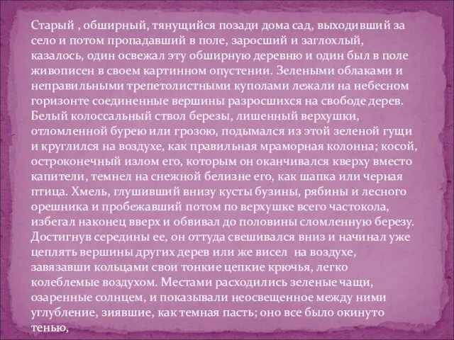 Старый , обширный, тянущийся позади дома сад, выходивший за село и потом