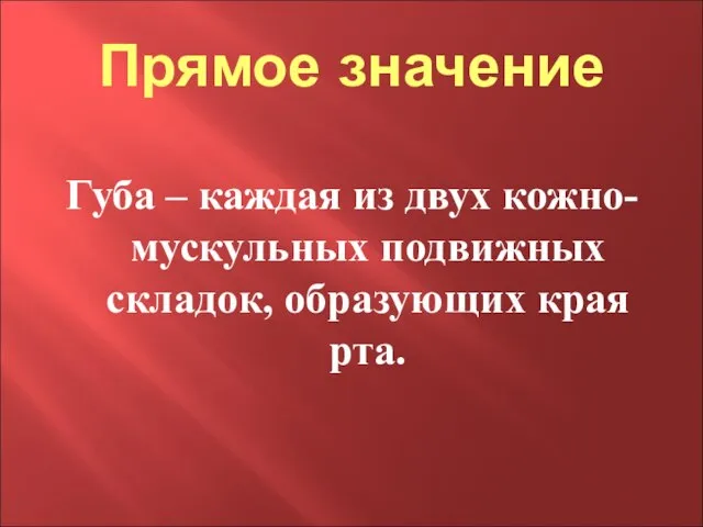 Прямое значение Губа – каждая из двух кожно-мускульных подвижных складок, образующих края рта.