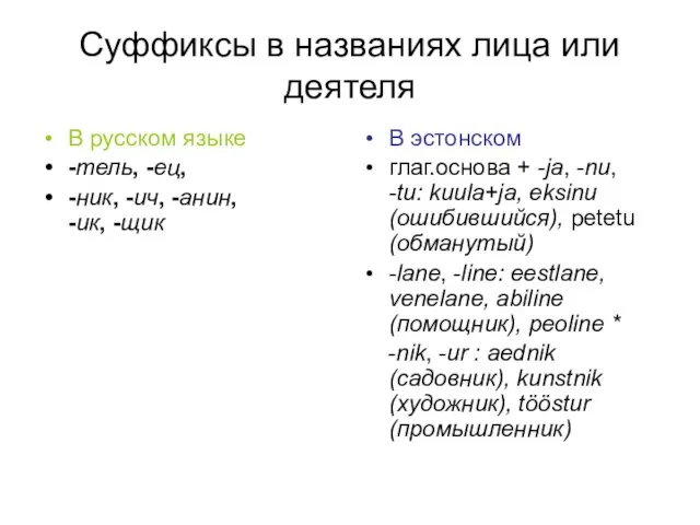 Суффиксы в названиях лица или деятеля В русском языке -тель, -ец, -ник,