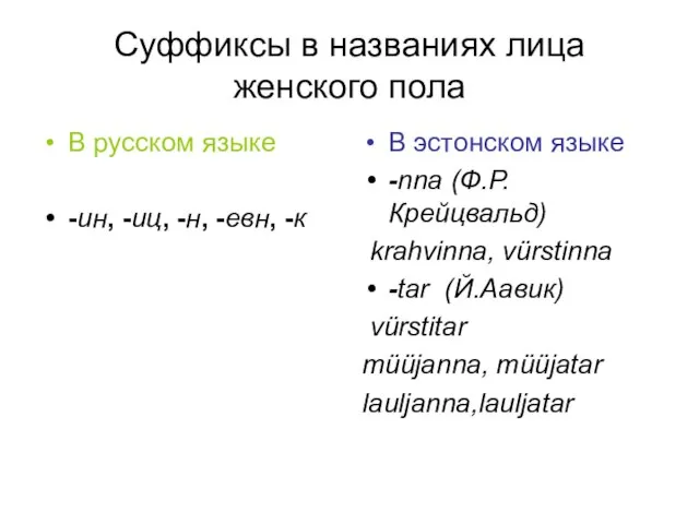 Суффиксы в названиях лица женского пола В русском языке -ин, -иц, -н,