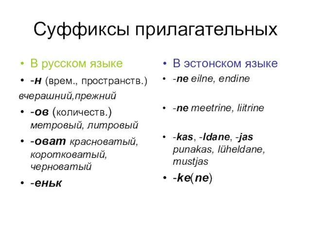 Суффиксы прилагательных В русском языке -н (врем., пространств.) вчерашний,прежний -ов (количеств.) метровый,