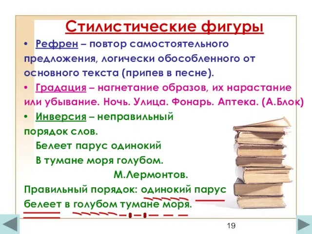 Стилистические фигуры Рефрен – повтор самостоятельного предложения, логически обособленного от основного текста