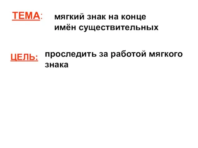 ЦЕЛЬ: ТЕМА: мягкий знак на конце имён существительных проследить за работой мягкого знака