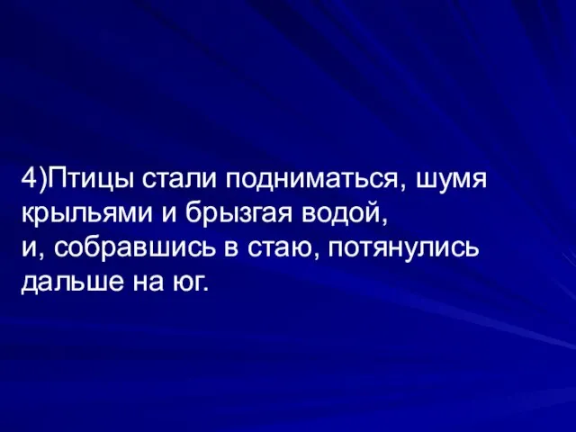 4)Птицы стали подниматься, шумя крыльями и брызгая водой, и, собравшись в стаю, потянулись дальше на юг.