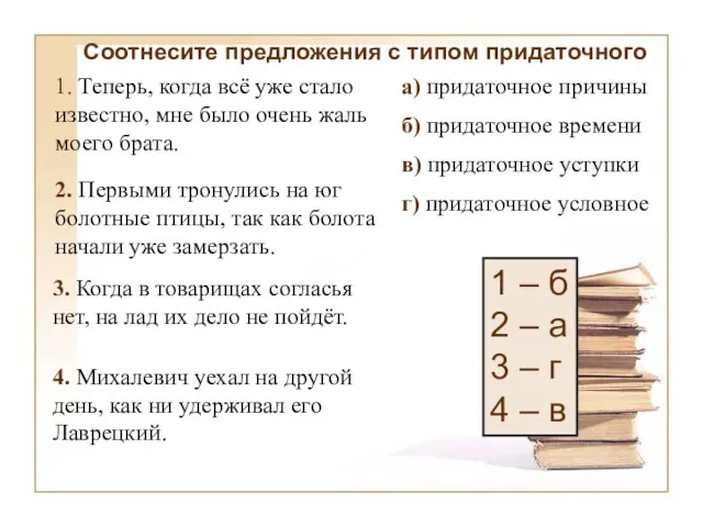 г) придаточное условное в) придаточное уступки б) придаточное времени а) придаточное причины