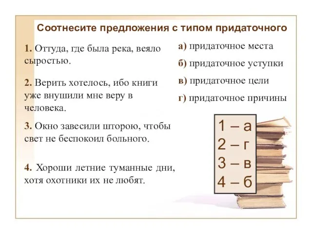 г) придаточное причины в) придаточное цели б) придаточное уступки а) придаточное места