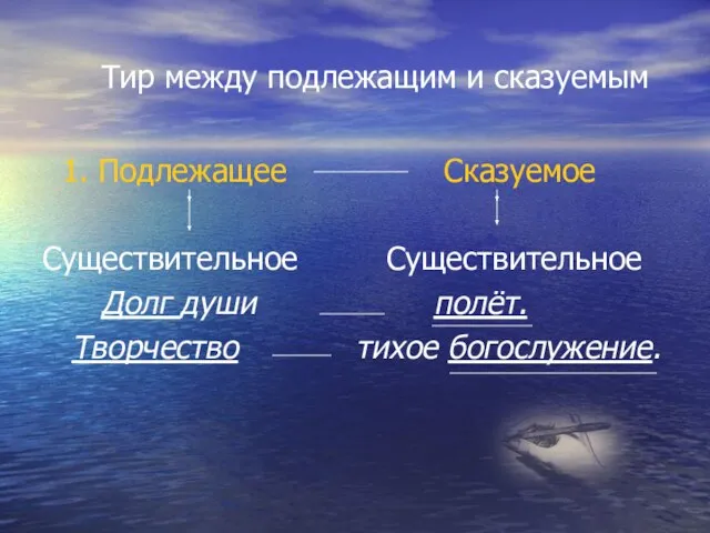 Тир между подлежащим и сказуемым 1. Подлежащее Сказуемое Существительное Существительное Долг души полёт. Творчество тихое богослужение.