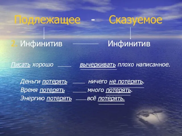 Подлежащее - Сказуемое 2. Инфинитив Инфинитив Писать хорошо вычеркивать плохо написанное. Деньги