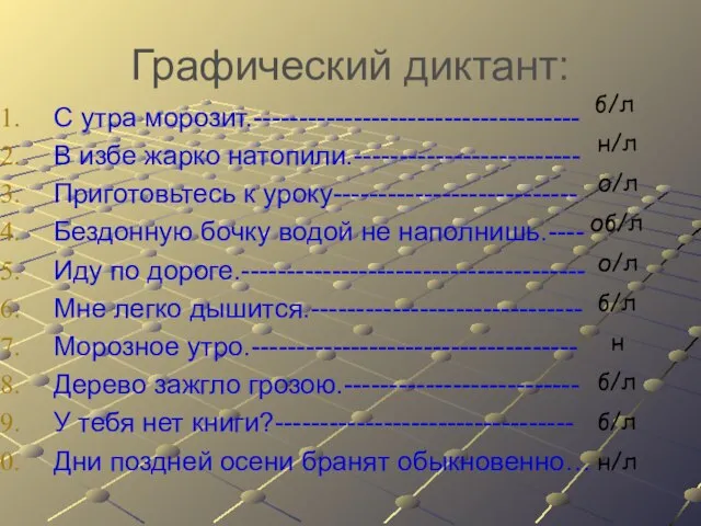 Графический диктант: С утра морозит.------------------------------------ В избе жарко натопили.------------------------- Приготовьтесь к уроку---------------------------