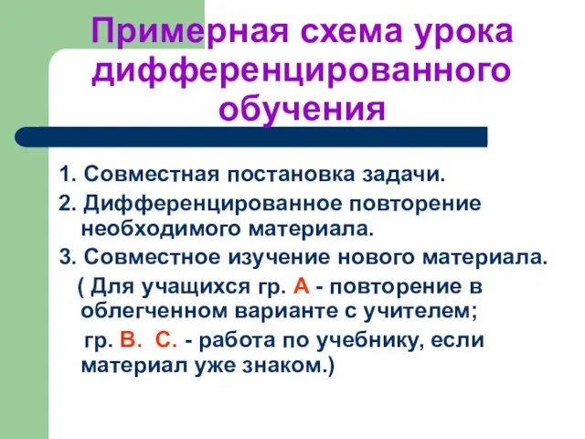 Примерная схема урока дифференцированного обучения 1. Совместная постановка задачи. 2. Дифференцированное повторение