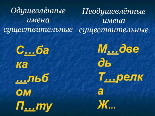 Одушевлённые имена существительные С…бака …льбом П…тух Хоб…т М…дведь Т…релка Ж...вотное Ябл…ня Неодушевлённые имена существительные