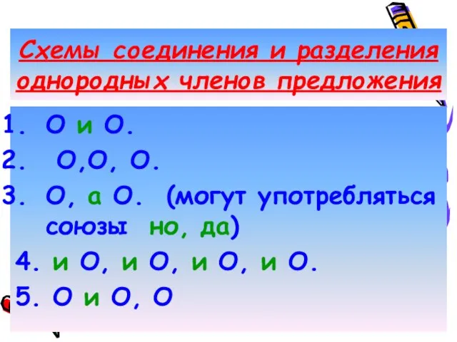 Схемы соединения и разделения однородных членов предложения О и О. О,О, О.