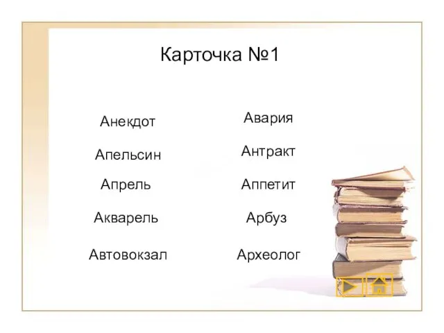 Анекдот Апельсин Апрель Акварель Автовокзал Авария Антракт Аппетит Арбуз Археолог Карточка №1