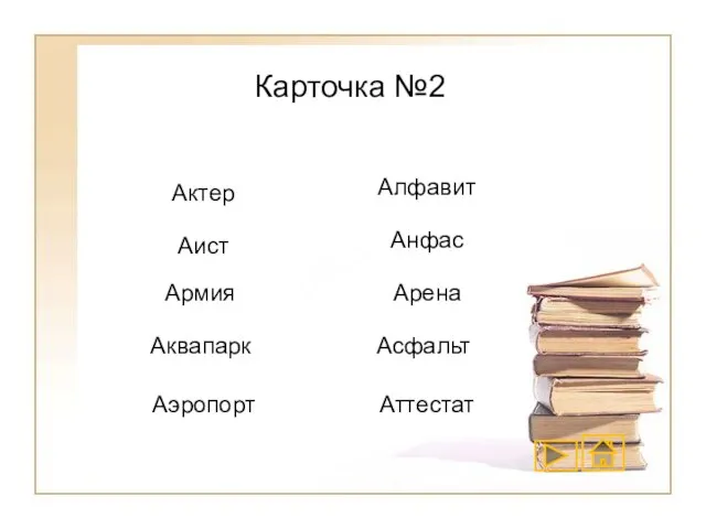 Карточка №2 Актер Аист Армия Аквапарк Аэропорт Алфавит Анфас Арена Асфальт Аттестат