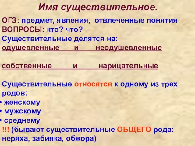 Имя существительное. ОГЗ: предмет, явления, отвлеченные понятия ВОПРОСЫ: кто? что? Существительные делятся