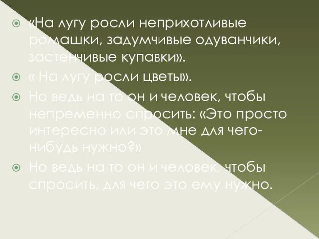 «На лугу росли неприхотливые ромашки, задумчивые одуванчики, застенчивые купавки». « На лугу