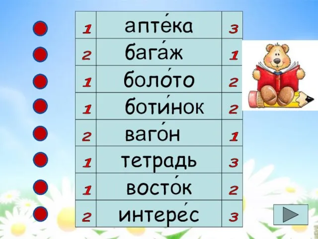 апте́ка 1 3 бага́ж боло́то боти́нок ваго́н тетрадь восто́к интере́с 2 1