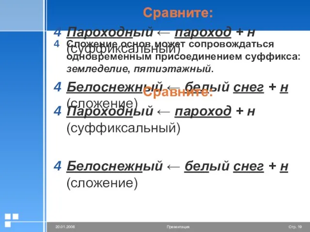 Сравните: Пароходный ← пароход + н (суффиксальный) Белоснежный ← белый снег +