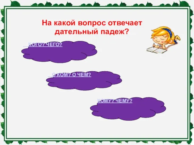 На какой вопрос отвечает дательный падеж? КОГО? ЧЕГО? О КОМ? О ЧЕМ? КОМУ? ЧЕМУ?