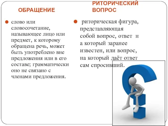 ОБРАЩЕНИЕ РИТОРИЧЕСКИЙ ВОПРОС слово или словосочетание, называющее лицо или предмет, к которому