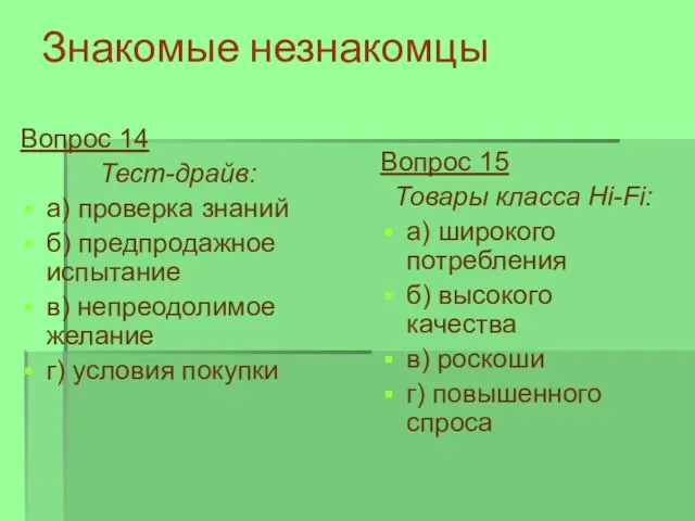 Знакомые незнакомцы Вопрос 14 Тест-драйв: а) проверка знаний б) предпродажное испытание в)