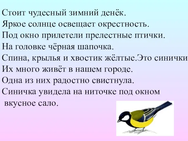 Стоит чудесный зимний денёк. Яркое солнце освещает окрестность. Под окно прилетели прелестные