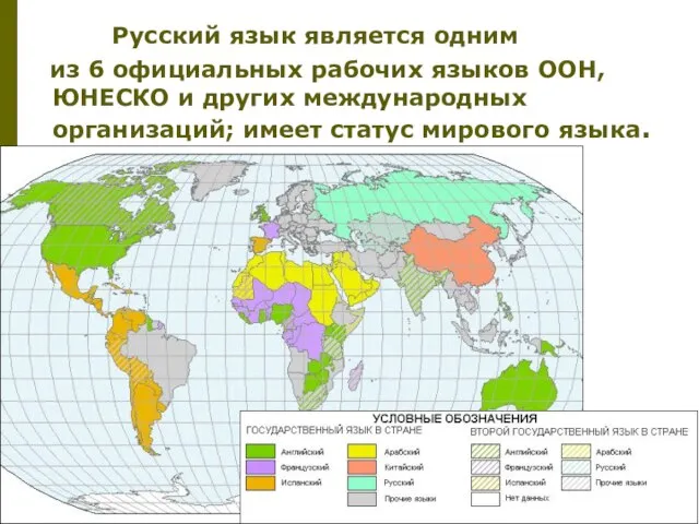 Русский язык является одним из 6 официальных рабочих языков ООН, ЮНЕСКО и