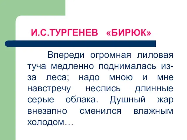 И.С.ТУРГЕНЕВ «БИРЮК» Впереди огромная лиловая туча медленно поднималась из-за леса; надо мною