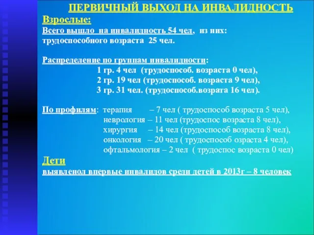 ПЕРВИЧНЫЙ ВЫХОД НА ИНВАЛИДНОСТЬ Взрослые: Всего вышло на инвалидность 54 чел, из