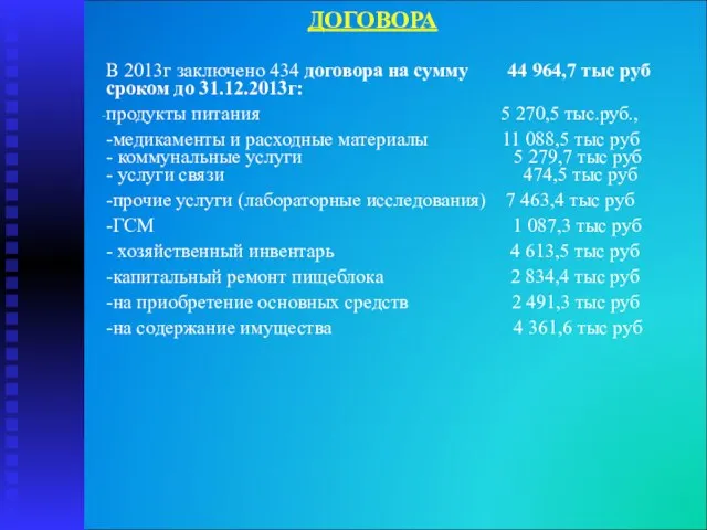 ДОГОВОРА В 2013г заключено 434 договора на сумму 44 964,7 тыс руб
