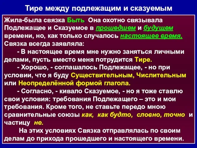 Тире между подлежащим и сказуемым Жила-была связка Быть. Она охотно связывала Подлежащее