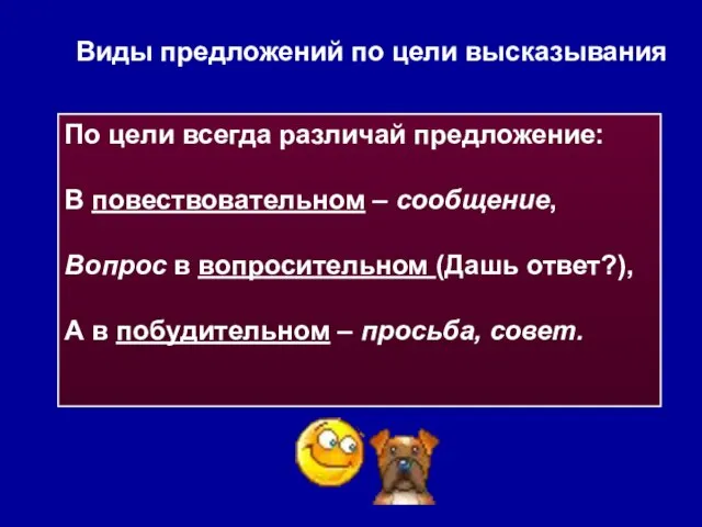 По цели всегда различай предложение: В повествовательном – сообщение, Вопрос в вопросительном