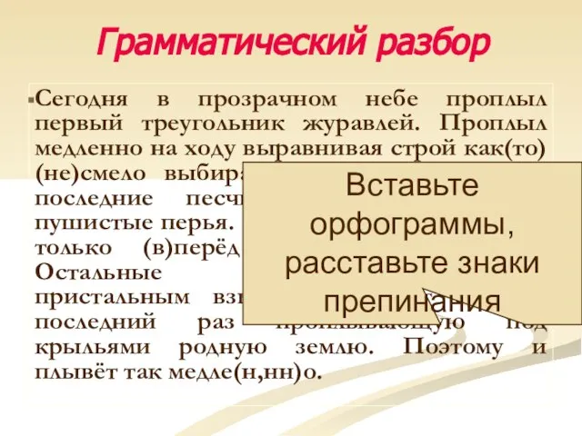 Грамматический разбор Сегодня в прозрачном небе проплыл первый треугольник журавлей. Проплыл медленно