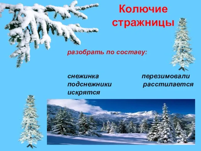 Колючие стражницы разобрать по составу: снежинка перезимовали подснежники расстилается искрятся