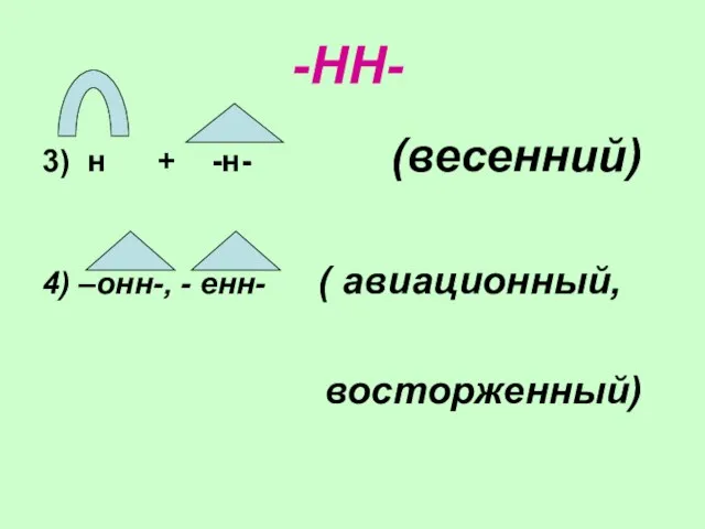 -НН- 3) н + -н- (весенний) 4) –онн-, - енн- ( авиационный, восторженный)