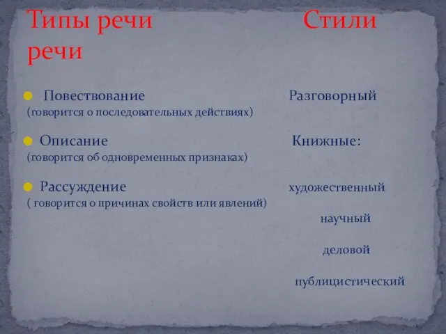 Повествование Разговорный (говорится о последовательных действиях) Описание Книжные: (говорится об одновременных признаках)