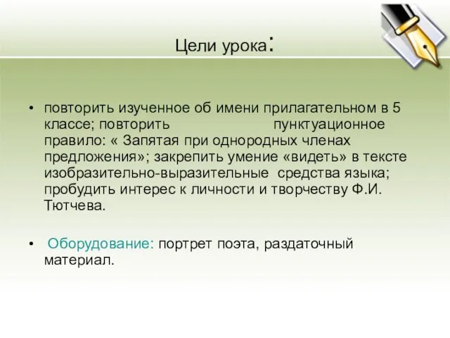 Цели урока: повторить изученное об имени прилагательном в 5 классе; повторить пунктуационное