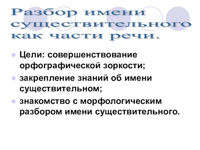 Цели: совершенствование орфографической зоркости; закрепление знаний об имени существительном; знакомство с морфологическим