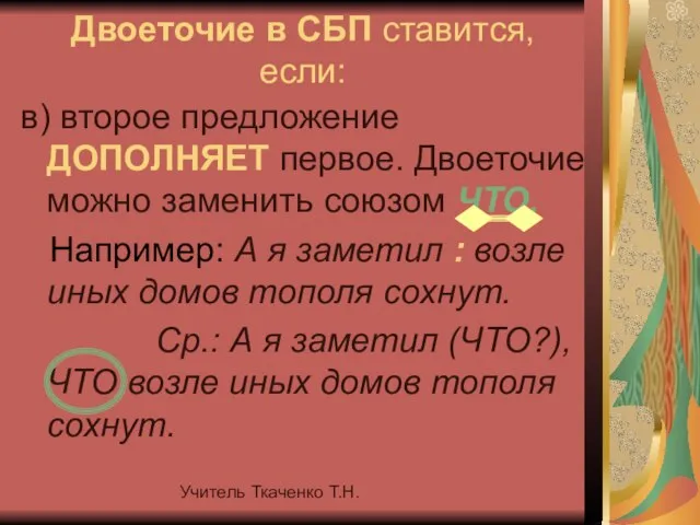 Учитель Ткаченко Т.Н. Двоеточие в СБП ставится, если: в) второе предложение ДОПОЛНЯЕТ