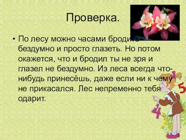 Проверка. По лесу можно часами бродить бездумно и просто глазеть. Но потом