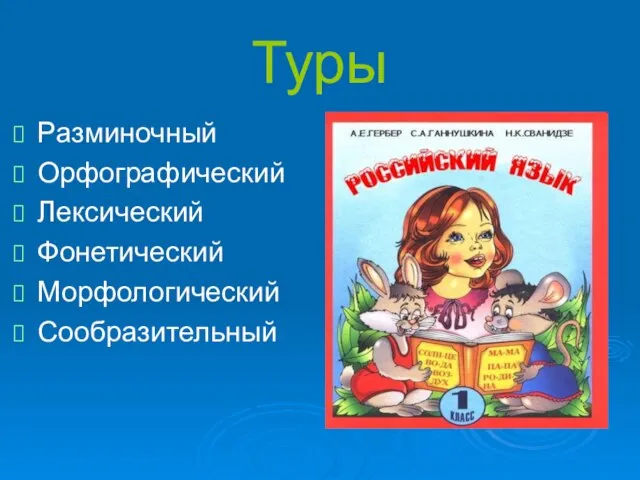 Туры Разминочный Орфографический Лексический Фонетический Морфологический Сообразительный