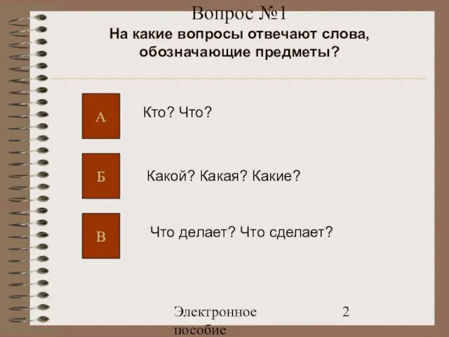 Электронное пособие Вопрос №1 На какие вопросы отвечают слова, обозначающие предметы? А