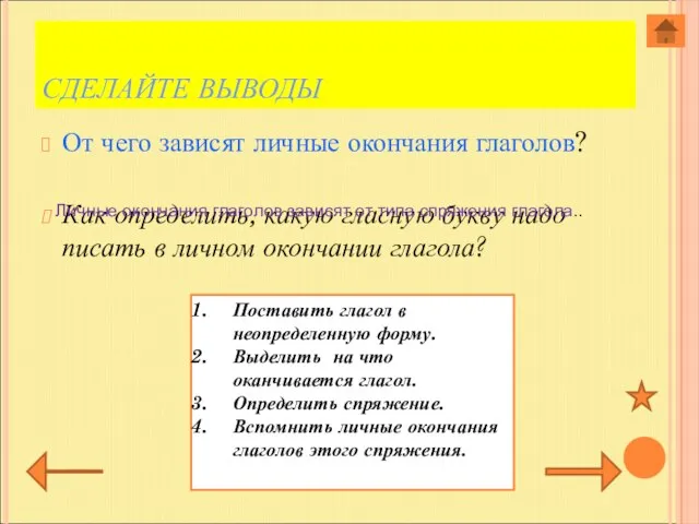 СДЕЛАЙТЕ ВЫВОДЫ От чего зависят личные окончания глаголов? Как определить, какую гласную