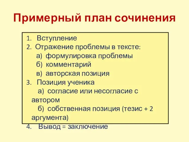 Примерный план сочинения 1. Вступление 2. Отражение проблемы в тексте: а) формулировка