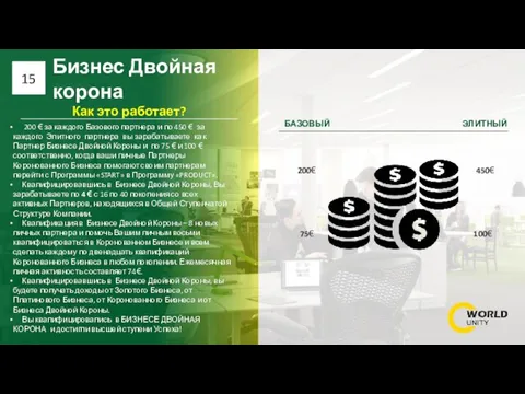 Бизнес Двойная корона 15 200 € за каждого Базового партнера и по