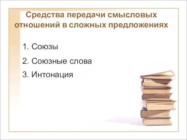 Средства передачи смысловых отношений в сложных предложениях 3. Интонация 1. Союзы 2. Союзные слова