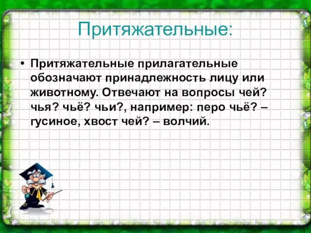 Притяжательные: Притяжательные прилагательные обозначают принадлежность лицу или животному. Отвечают на вопросы чей?