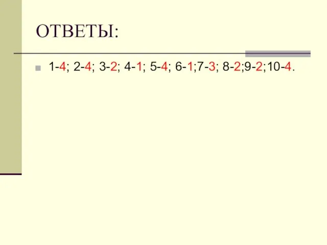 ОТВЕТЫ: 1-4; 2-4; 3-2; 4-1; 5-4; 6-1;7-3; 8-2;9-2;10-4.