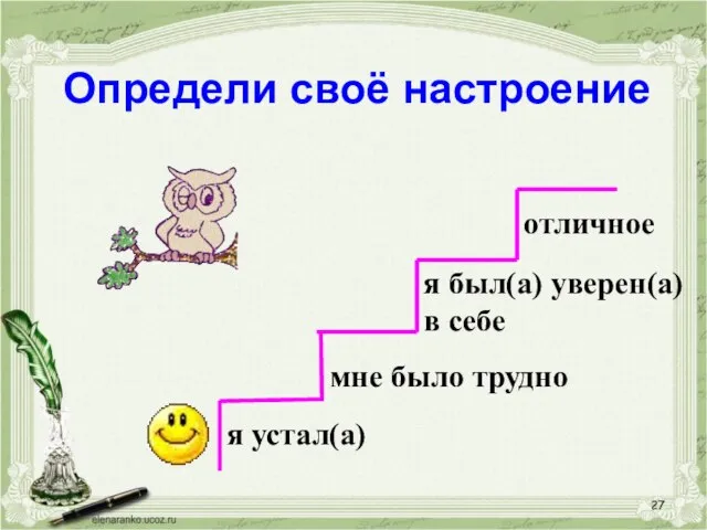 отличное я был(а) уверен(а) в себе мне было трудно я устал(а) Определи своё настроение