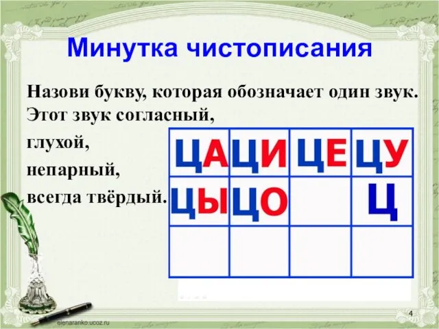 Минутка чистописания Назови букву, которая обозначает один звук. Этот звук согласный, глухой, непарный, всегда твёрдый.